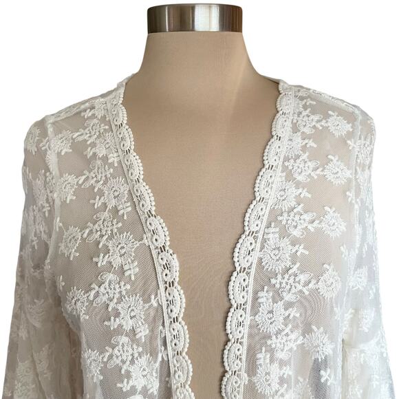 Magnolia Lane Cream Sheer Lace Kimono Size M Fairy Boho Romantic Cottage Angel - Picture 4 of 10